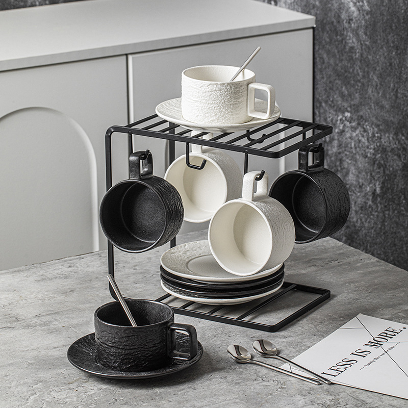 Set ceramic de cafea pentru mic dejun cu farfurioară, suport pentru cești și linguri, design elegant