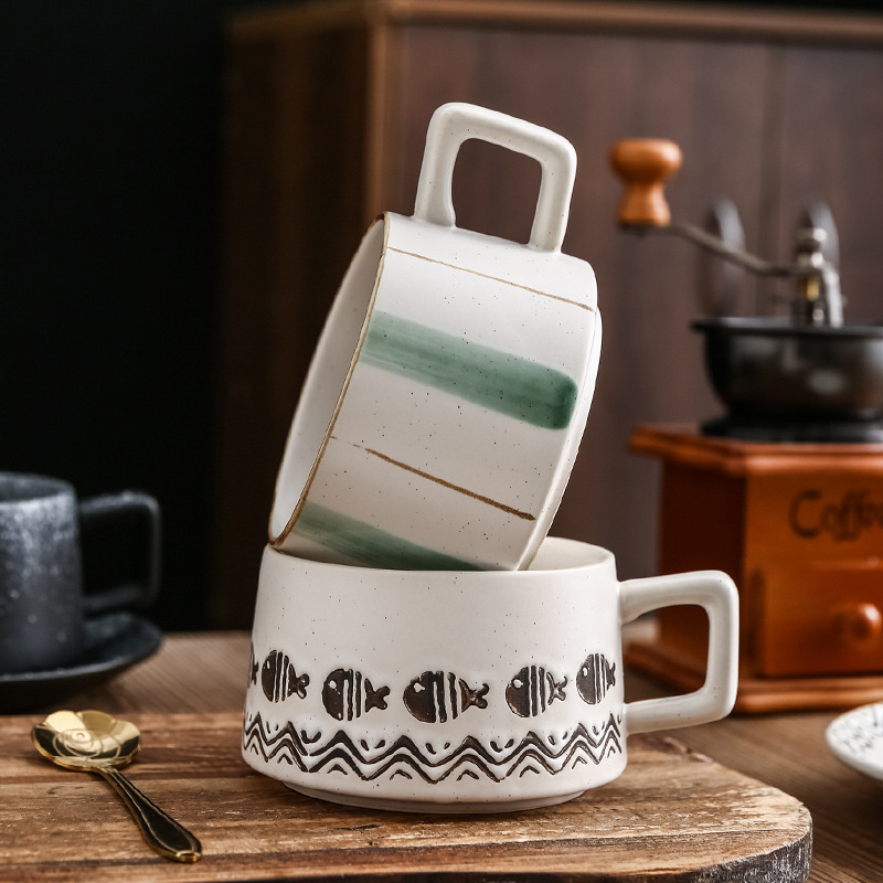 Ceașcă de cafea ceramică în stil japonez cu farfuriu - set