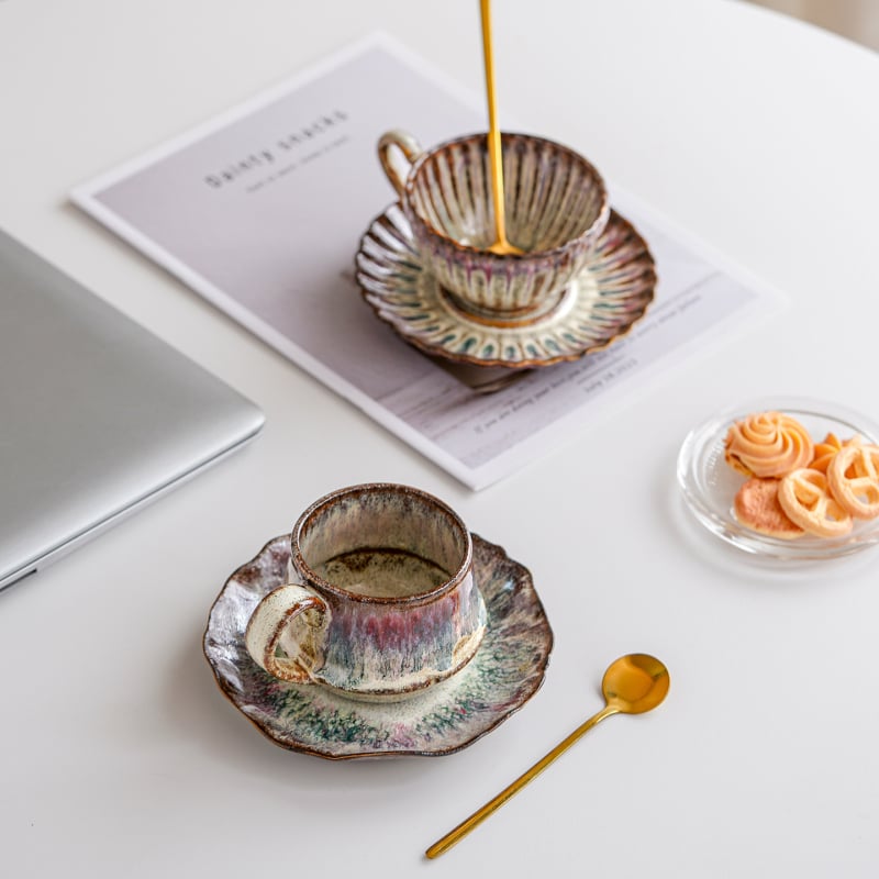 Set de cești de cafea din ceramică, design vintage cu glazură de cuptor, lux de înaltă clasă pentru ceai de după-amiază
