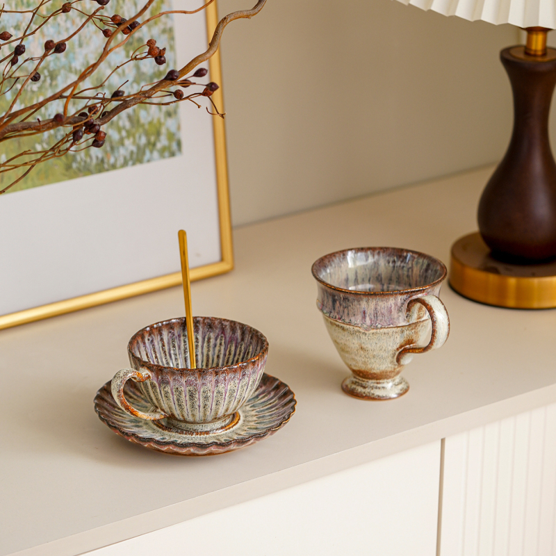 Set de cești de cafea din ceramică, design vintage cu glazură de cuptor, lux de înaltă clasă pentru ceai de după-amiază
