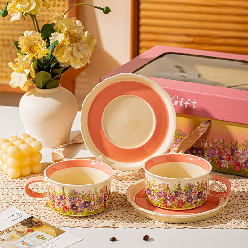Set ceramic cești de ceai cu farfuriu și ceașcă de cafea, cutie cadou de Crăciun, pereche de cești, personalizare logo