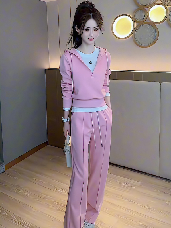 Ženski ružičasti set s kapuljačom i hlačama, udoban kroj, dugi rukavi, casual sportski outfit za proljeće i jesen