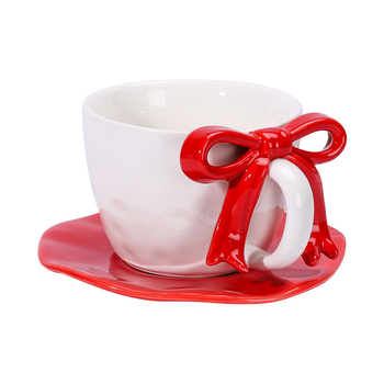 Cană ceramică cu fundă pictată manual, set cană și farfurie