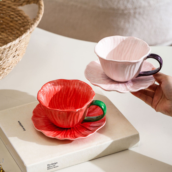 Ceașcă de cafea ceramică cu flori, set cu farfurioară, stil retro lux, pentru femei