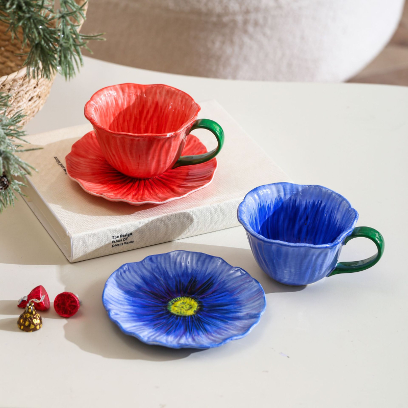 Ceașcă de cafea ceramică cu flori, set cu farfurioară, stil retro lux, pentru femei
