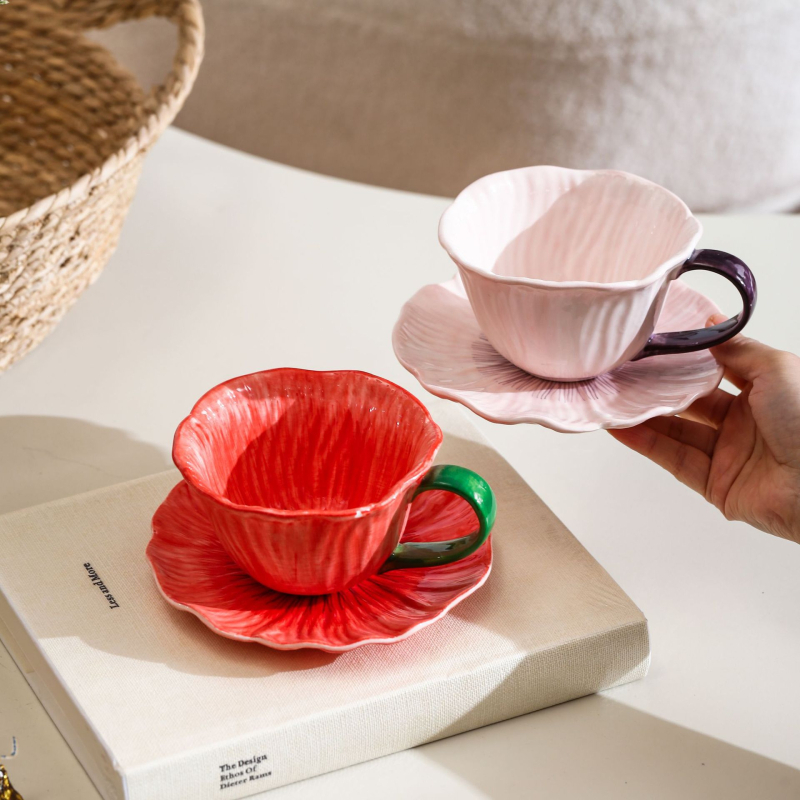 Ceașcă de cafea ceramică cu flori, set cu farfurioară, stil retro lux, pentru femei