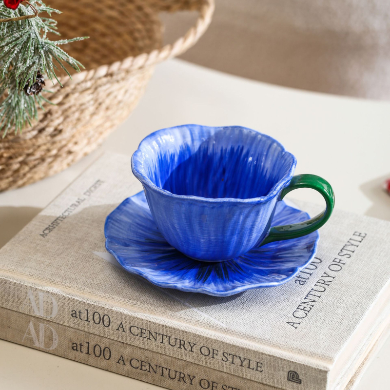 Ceașcă de cafea ceramică cu flori, set cu farfurioară, stil retro lux, pentru femei