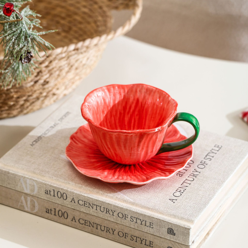 Ceașcă de cafea ceramică cu flori, set cu farfurioară, stil retro lux, pentru femei
