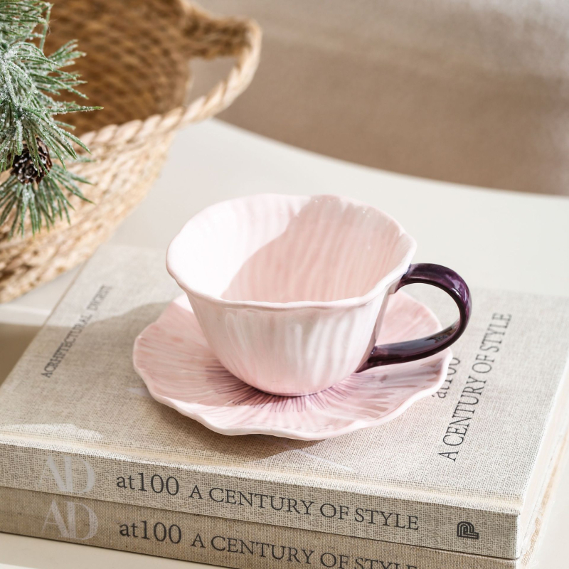 Ceașcă de cafea ceramică cu flori, set cu farfurioară, stil retro lux, pentru femei
