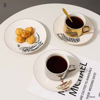Set ceramic de cafea cu farfurioară, model creativ personalizabil, finisaj electroplatat, lux ușor, cadou