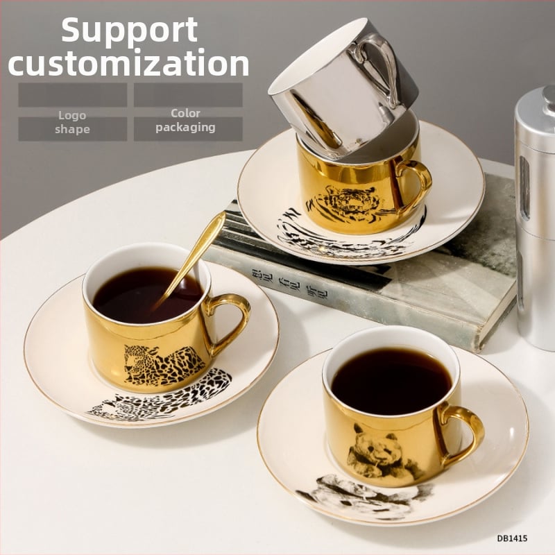 Set ceramic de cafea cu farfurioară, model creativ personalizabil, finisaj electroplatat, lux ușor, cadou