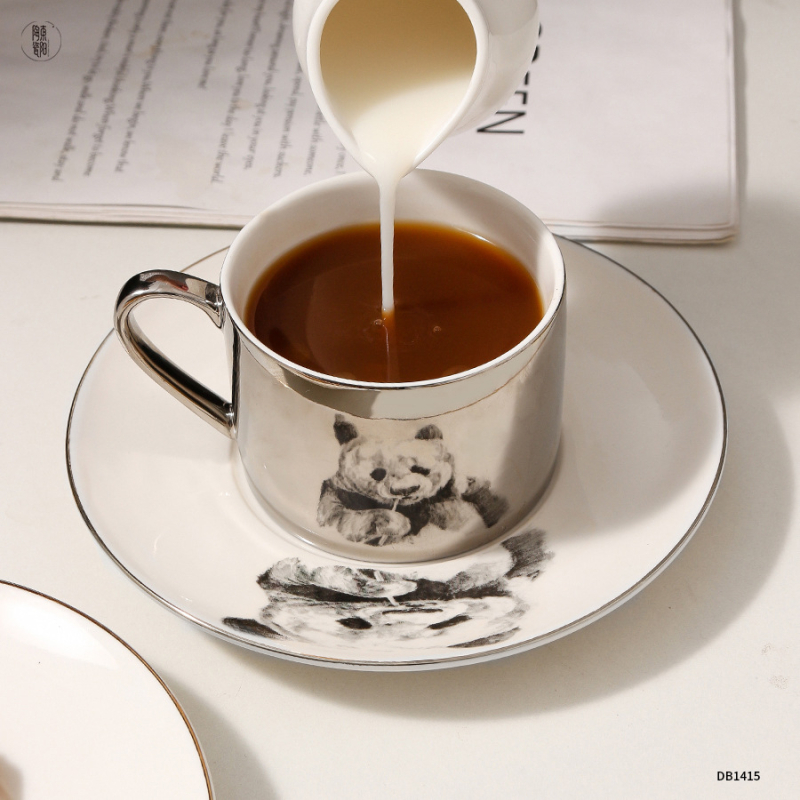 Set ceramic de cafea cu farfurioară, model creativ personalizabil, finisaj electroplatat, lux ușor, cadou