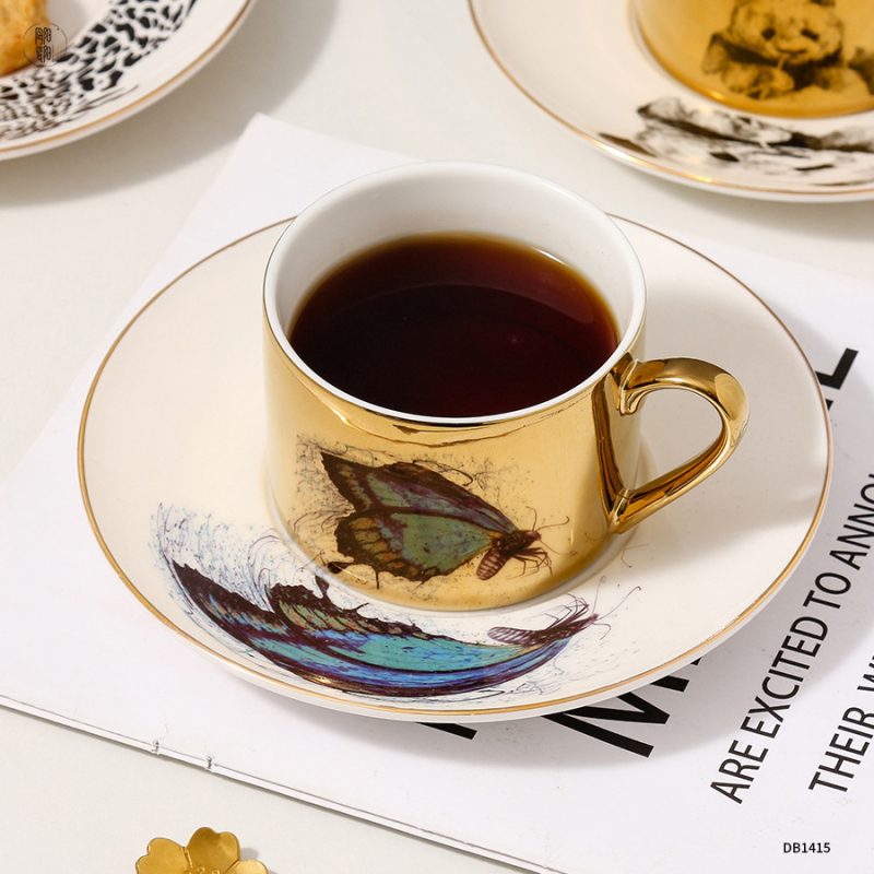 Set ceramic de cafea cu farfurioară, model creativ personalizabil, finisaj electroplatat, lux ușor, cadou