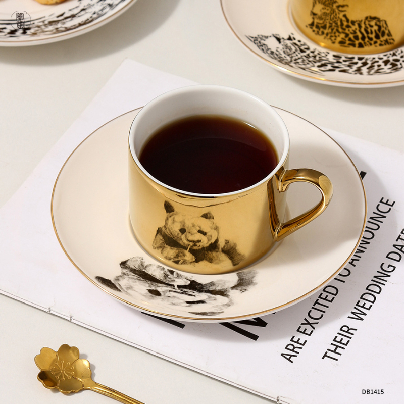 Set ceramic de cafea cu farfurioară, model creativ personalizabil, finisaj electroplatat, lux ușor, cadou