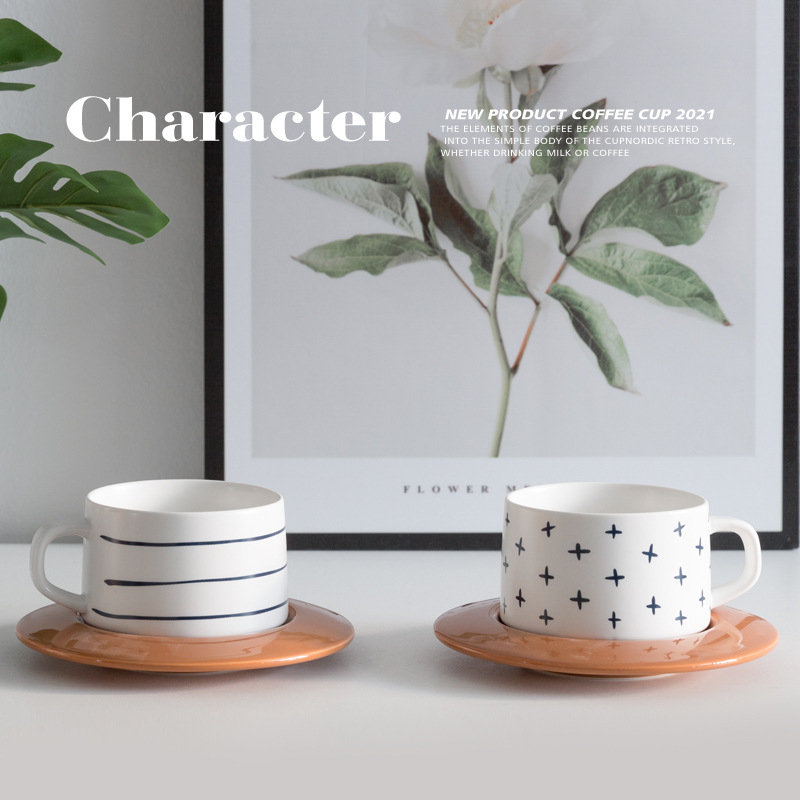 Set de cești și farfurioare din ceramică pentru cafea, albastru nordic, stil retro, cu logo