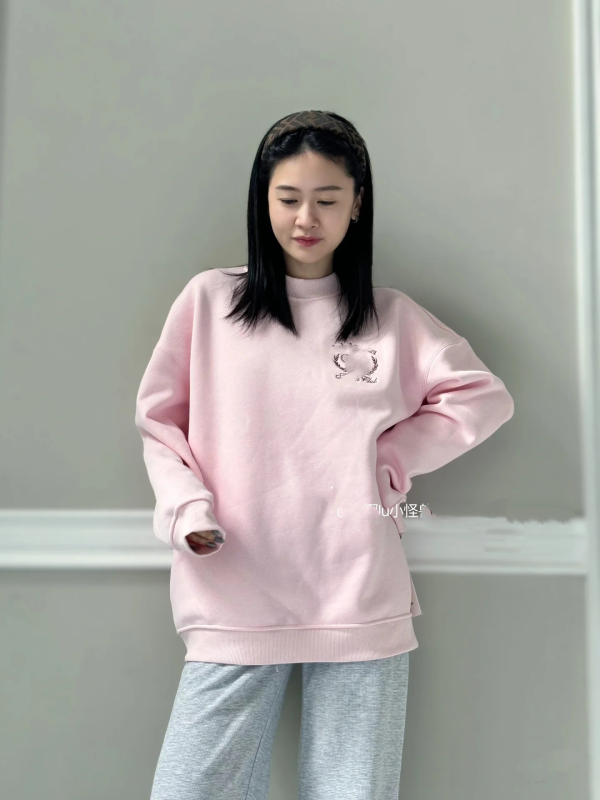 Női pamut fleece-béléssel ellátott pulóver, kerek nyakú, laza szabású, hosszú ujjú, hímzett teniszminta