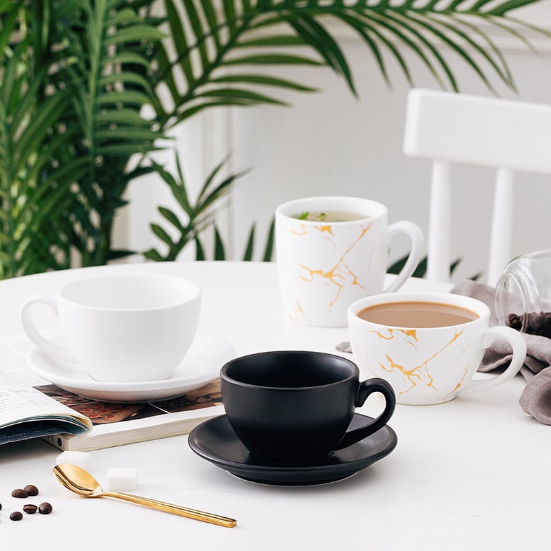 Set de cești de cafea cu latte art, ceramică, negre, pentru cupluri