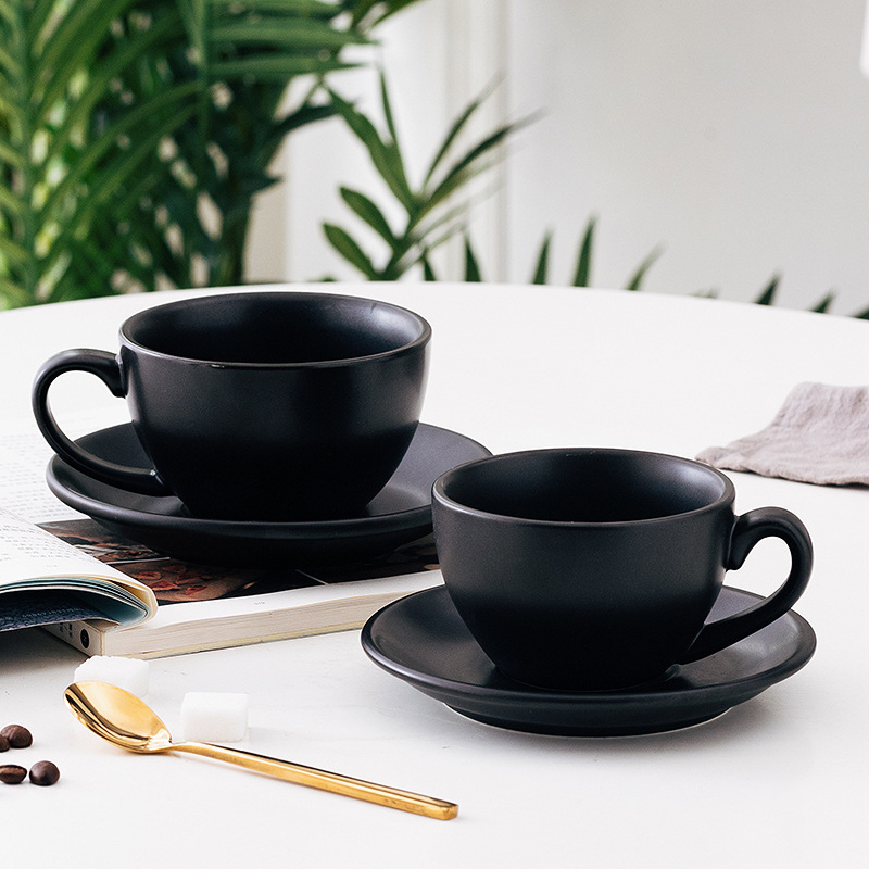 Set de cești de cafea cu latte art, ceramică, negre, pentru cupluri