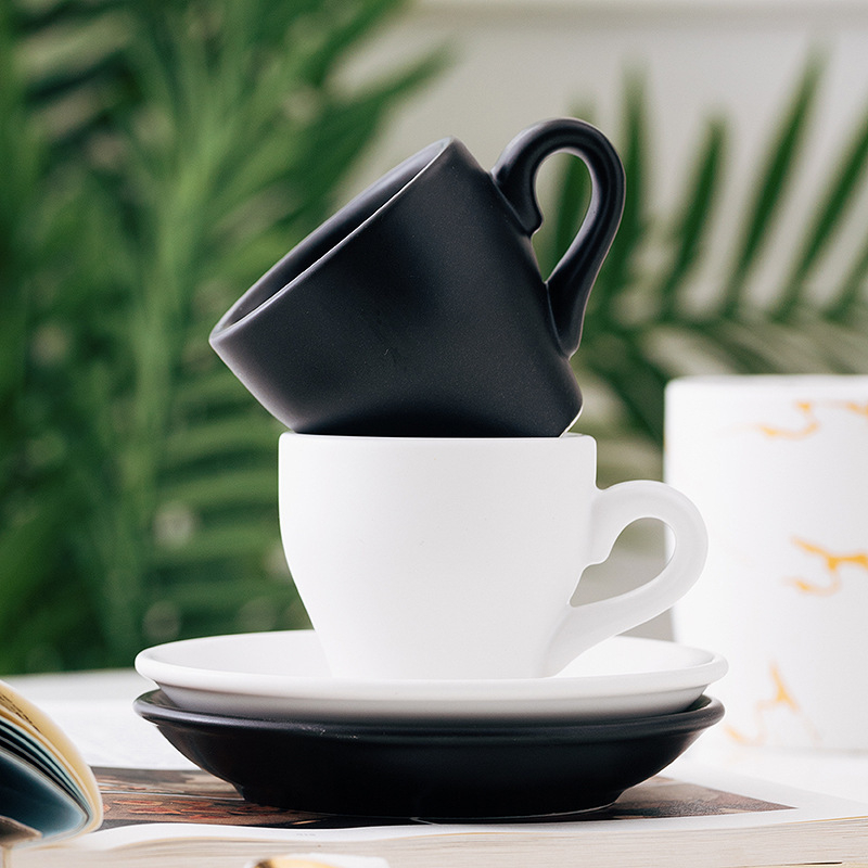 Set de cești de cafea cu latte art, ceramică, negre, pentru cupluri