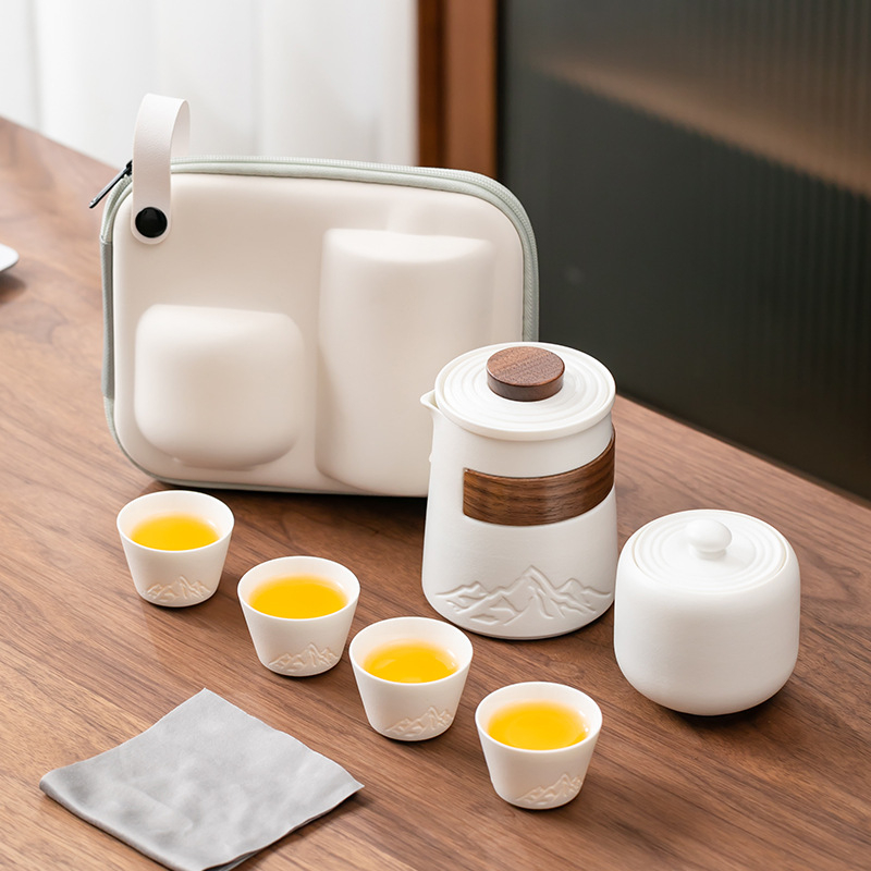 Set de ceai ceramic de călătorie, cu o ceainică și patru cești, portabil pentru camping, pentru o singură persoană, cadou de afaceri, posibilitate de personalizare a siglei
