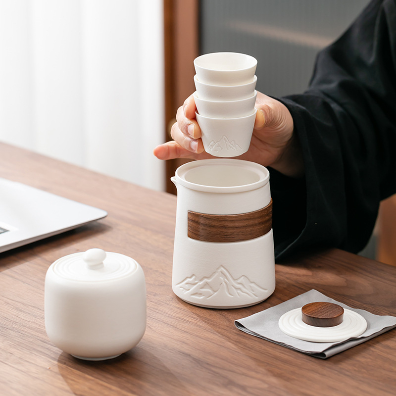 Set de ceai ceramic de călătorie, cu o ceainică și patru cești, portabil pentru camping, pentru o singură persoană, cadou de afaceri, posibilitate de personalizare a siglei