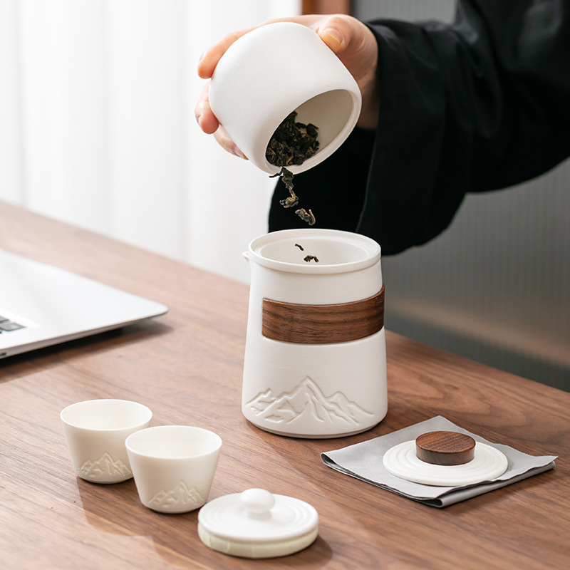 Set de ceai ceramic de călătorie, cu o ceainică și patru cești, portabil pentru camping, pentru o singură persoană, cadou de afaceri, posibilitate de personalizare a siglei