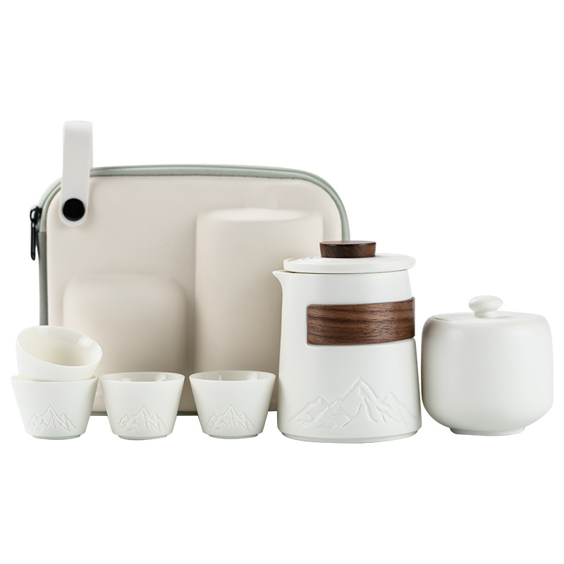 Set de ceai ceramic de călătorie, cu o ceainică și patru cești, portabil pentru camping, pentru o singură persoană, cadou de afaceri, posibilitate de personalizare a siglei