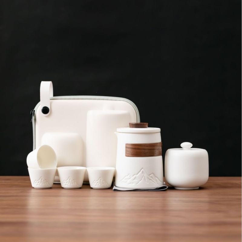 Set de ceai ceramic de călătorie, cu o ceainică și patru cești, portabil pentru camping, pentru o singură persoană, cadou de afaceri, posibilitate de personalizare a siglei