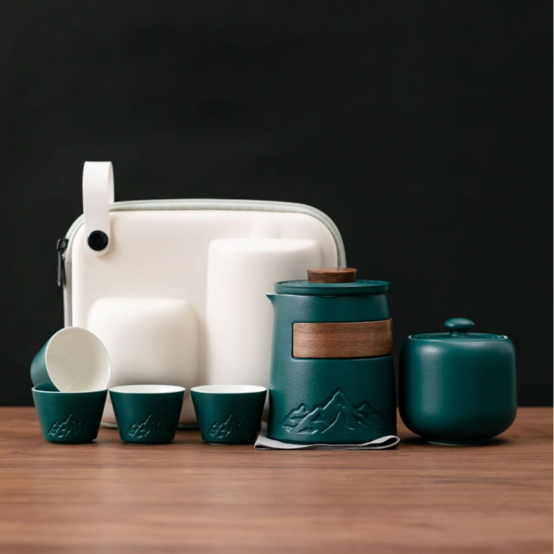Set de ceai ceramic de călătorie, cu o ceainică și patru cești, portabil pentru camping, pentru o singură persoană, cadou de afaceri, posibilitate de personalizare a siglei