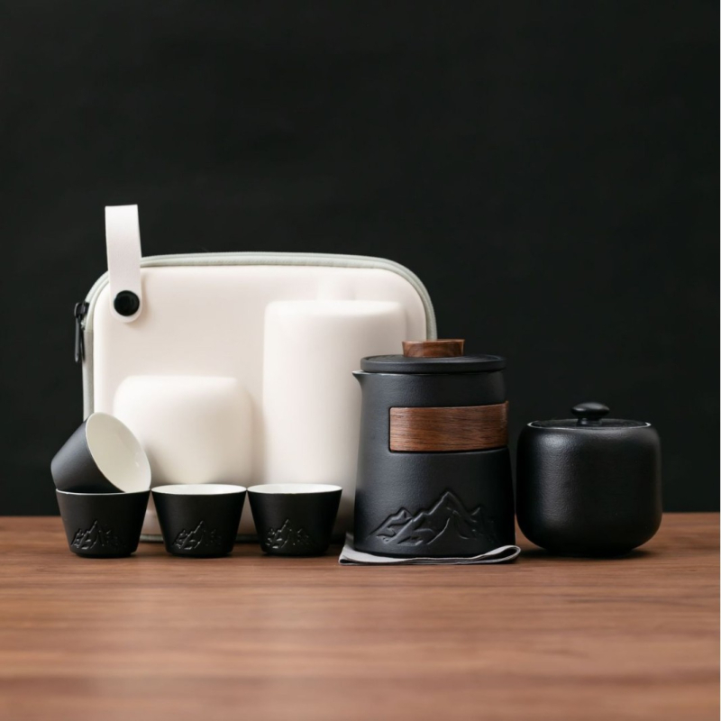Set de ceai ceramic de călătorie, cu o ceainică și patru cești, portabil pentru camping, pentru o singură persoană, cadou de afaceri, posibilitate de personalizare a siglei