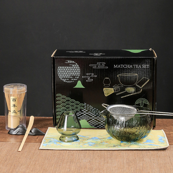 Set de ceai matcha din sticlă, în stil japonez, cu cutie colorată, tel pentru matcha, bol pentru matcha și suport pentru tel