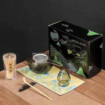 Set de ceai matcha din sticlă, în stil japonez, cu cutie colorată, tel pentru matcha, bol pentru matcha și suport pentru tel
