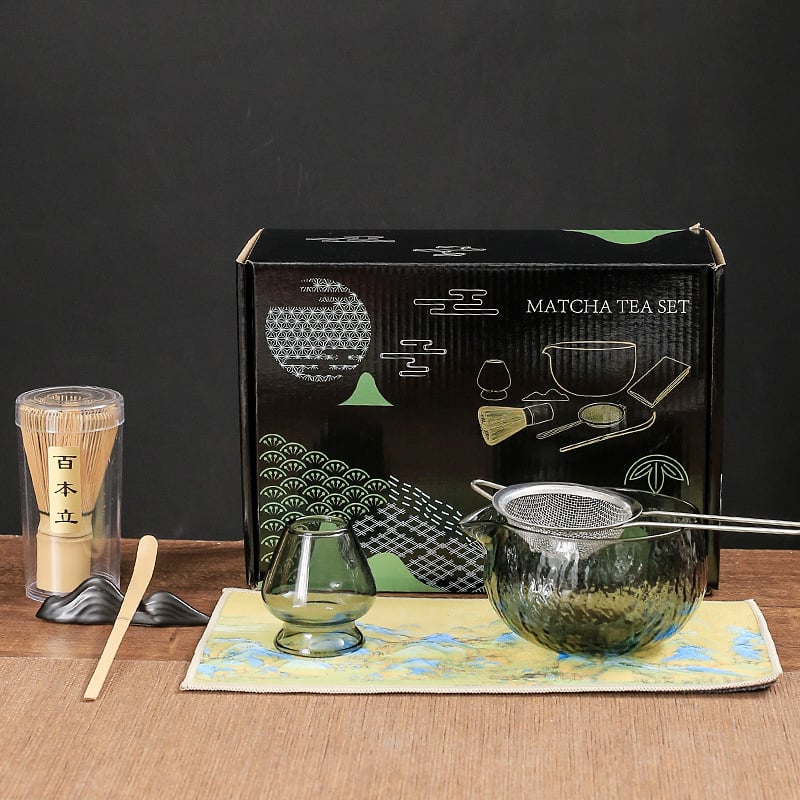 Set de ceai matcha din sticlă, în stil japonez, cu cutie colorată, tel pentru matcha, bol pentru matcha și suport pentru tel