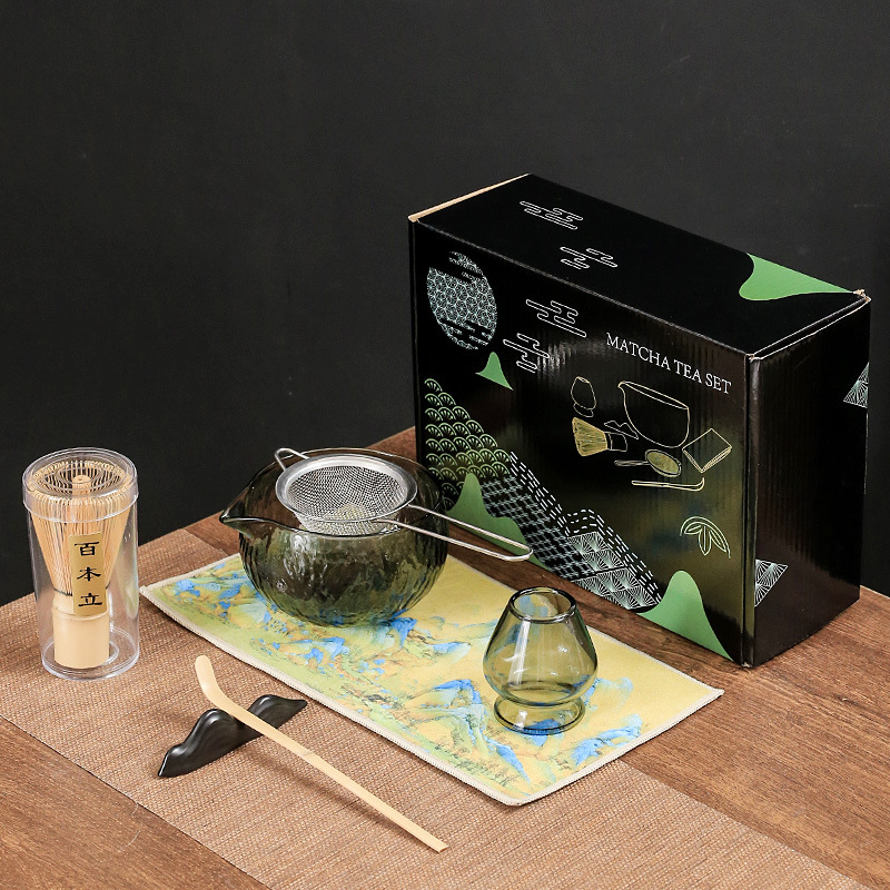 Set de ceai matcha din sticlă, în stil japonez, cu cutie colorată, tel pentru matcha, bol pentru matcha și suport pentru tel