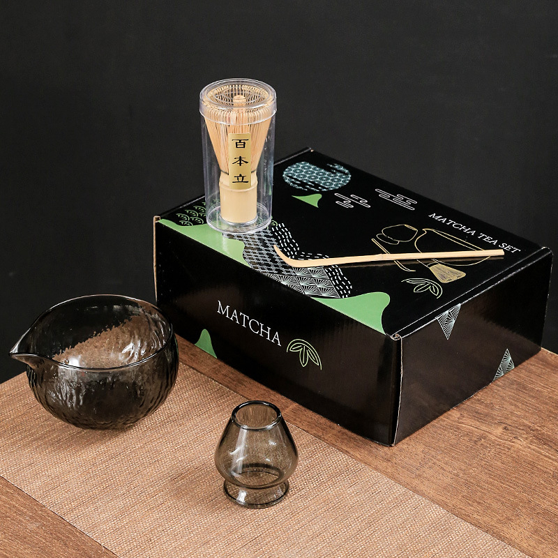 Set de ceai matcha din sticlă, în stil japonez, cu cutie colorată, tel pentru matcha, bol pentru matcha și suport pentru tel