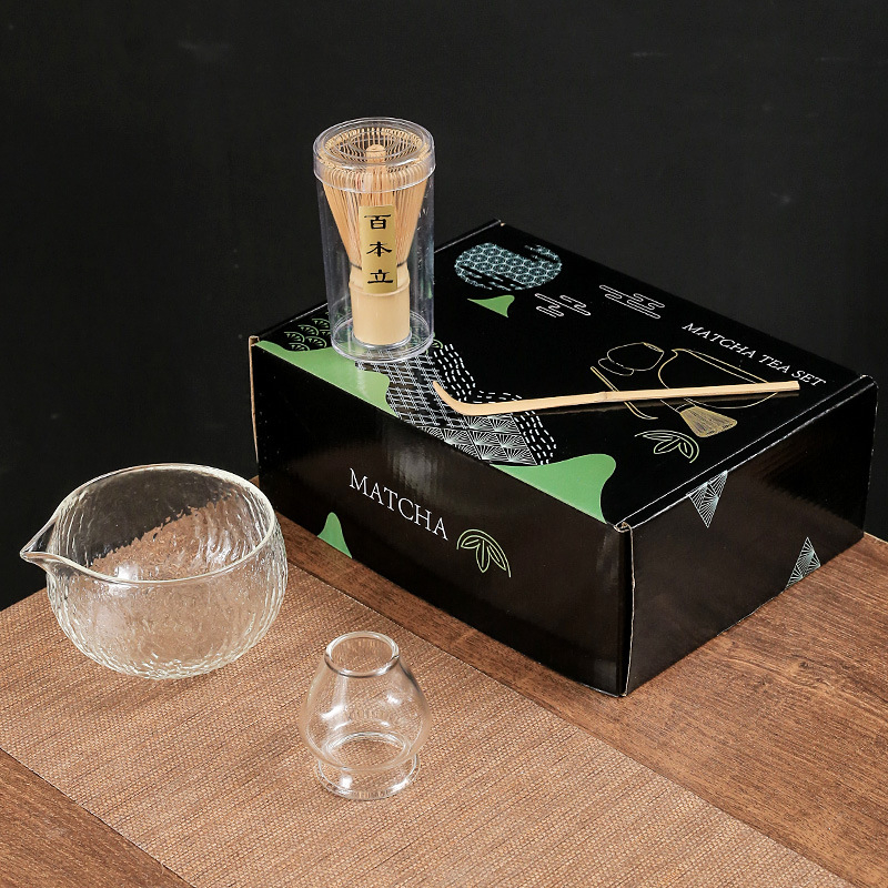 Set de ceai matcha din sticlă, în stil japonez, cu cutie colorată, tel pentru matcha, bol pentru matcha și suport pentru tel