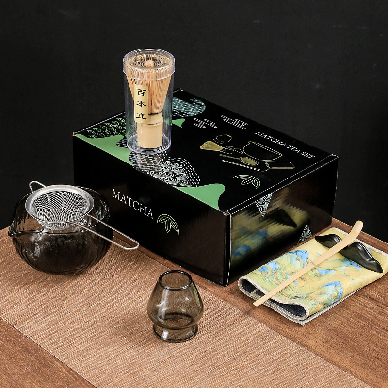 Set de ceai matcha din sticlă, în stil japonez, cu cutie colorată, tel pentru matcha, bol pentru matcha și suport pentru tel