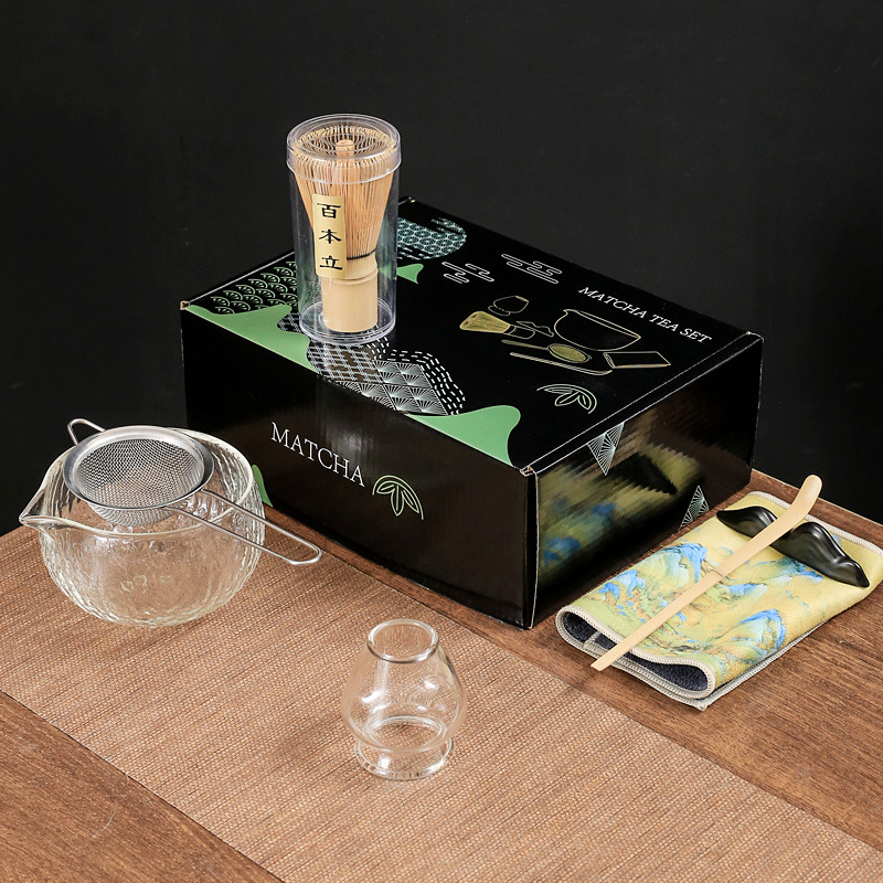 Set de ceai matcha din sticlă, în stil japonez, cu cutie colorată, tel pentru matcha, bol pentru matcha și suport pentru tel