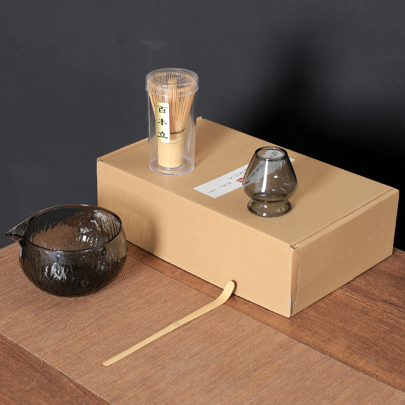 Set de ceai matcha din sticlă, în stil japonez, cu cutie colorată, tel pentru matcha, bol pentru matcha și suport pentru tel