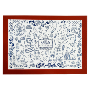 Covoraș dreptunghiular din silicon pentru coacere, cu suprafață antiaderentă pentru frământarea aluatului; țesătură din fibră de sticlă; dimensiuni 40×30 cm, 30×21 cm și 50×40 cm.