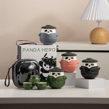 Set de ceai Panda Kung Fu din ceramică, portabil, stil chinezesc, anti-arzare, 1 ceainic și 3 cești, cutie cadou de călătorie