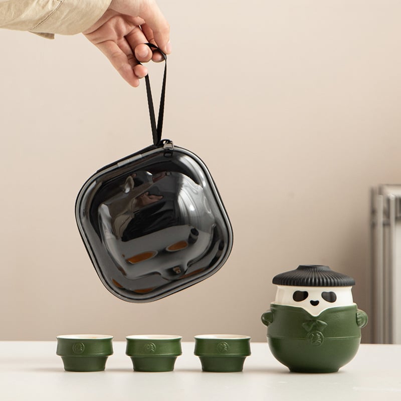 Set de ceai Panda Kung Fu din ceramică, portabil, stil chinezesc, anti-arzare, 1 ceainic și 3 cești, cutie cadou de călătorie