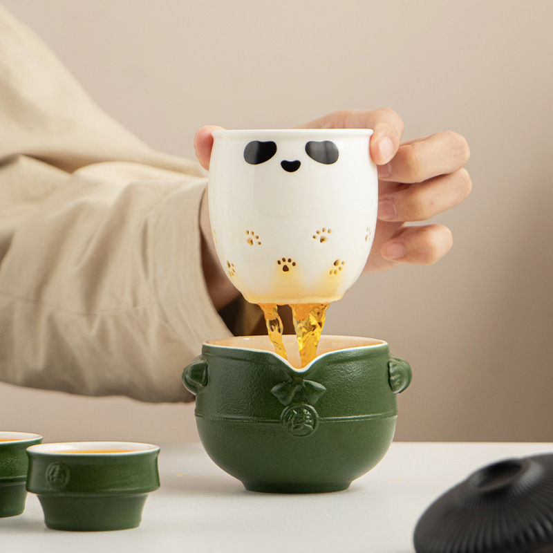 Set de ceai Panda Kung Fu din ceramică, portabil, stil chinezesc, anti-arzare, 1 ceainic și 3 cești, cutie cadou de călătorie
