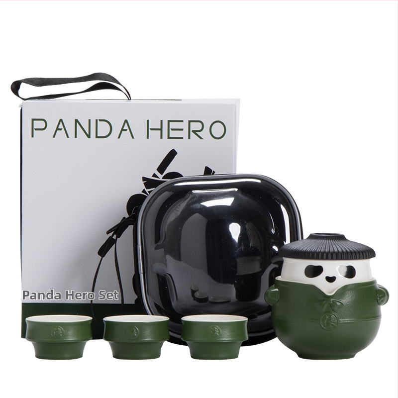 Set de ceai Panda Kung Fu din ceramică, portabil, stil chinezesc, anti-arzare, 1 ceainic și 3 cești, cutie cadou de călătorie
