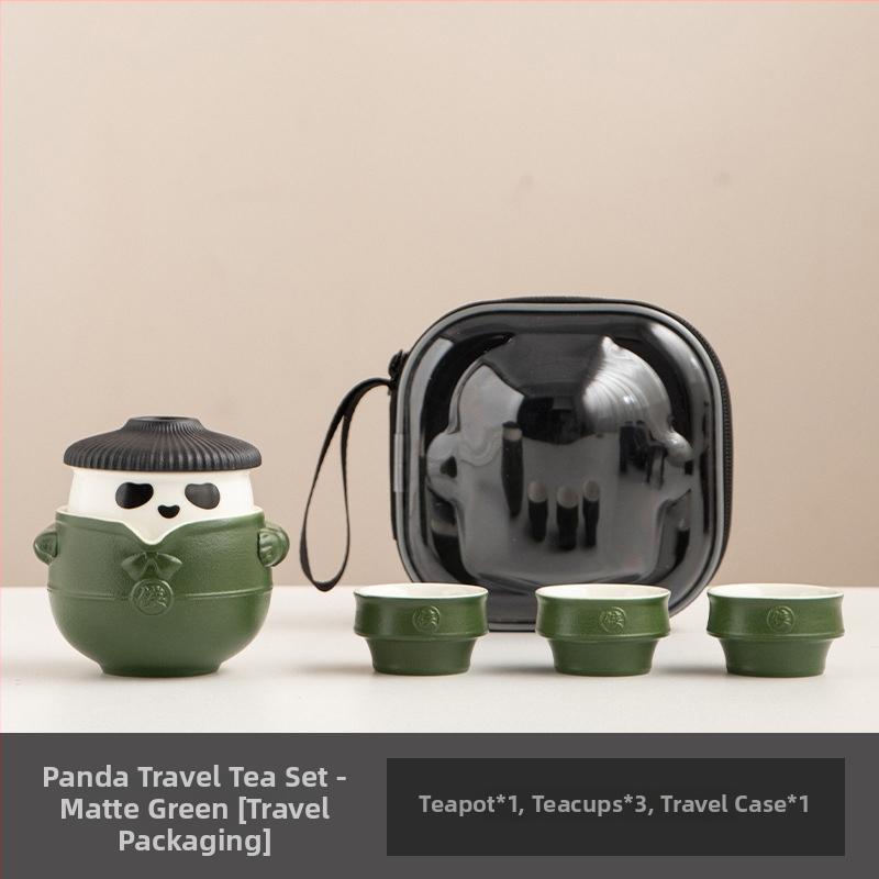 Set de ceai Panda Kung Fu din ceramică, portabil, stil chinezesc, anti-arzare, 1 ceainic și 3 cești, cutie cadou de călătorie