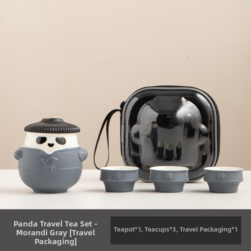 Set de ceai Panda Kung Fu din ceramică, portabil, stil chinezesc, anti-arzare, 1 ceainic și 3 cești, cutie cadou de călătorie