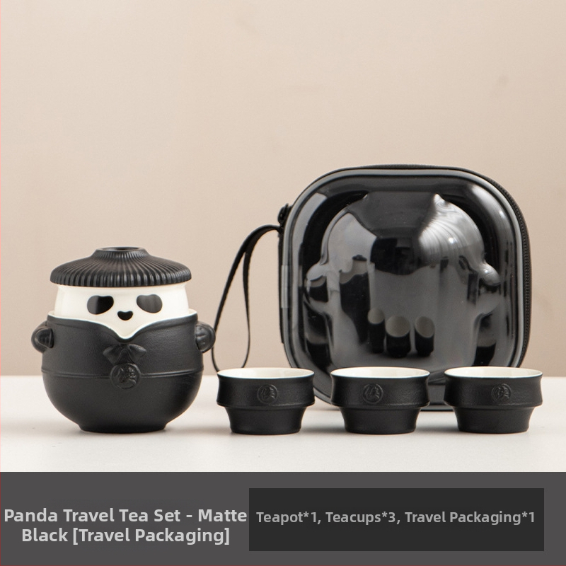 Set de ceai Panda Kung Fu din ceramică, portabil, stil chinezesc, anti-arzare, 1 ceainic și 3 cești, cutie cadou de călătorie