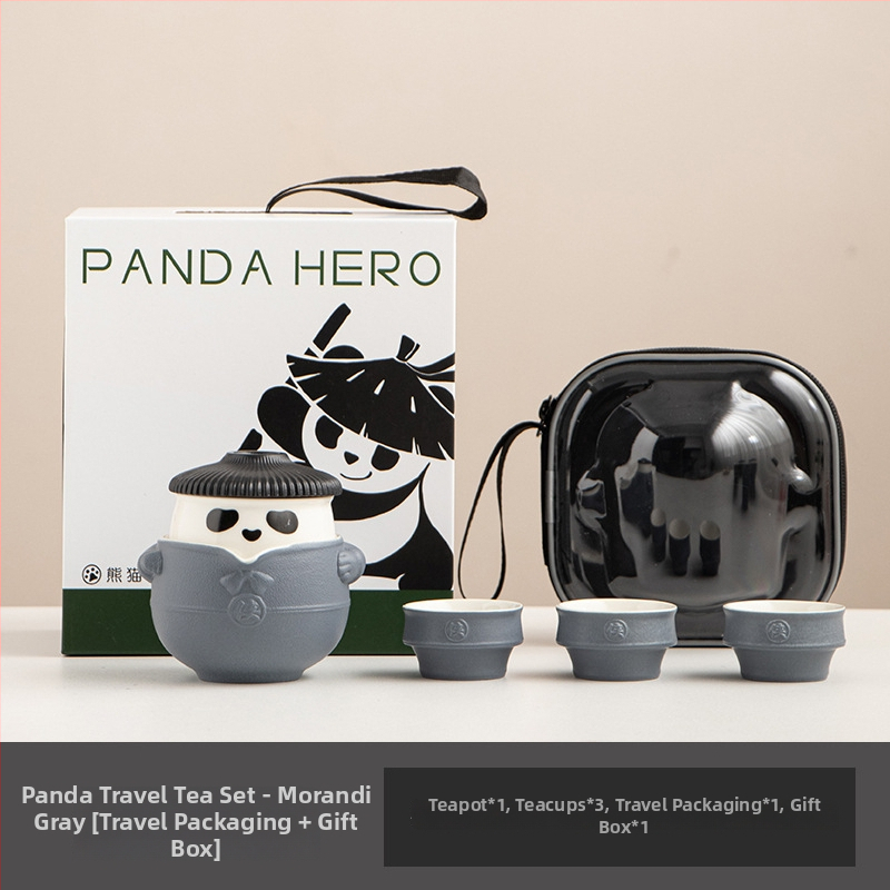 Set de ceai Panda Kung Fu din ceramică, portabil, stil chinezesc, anti-arzare, 1 ceainic și 3 cești, cutie cadou de călătorie
