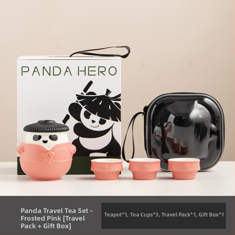 Set de ceai Panda Kung Fu din ceramică, portabil, stil chinezesc, anti-arzare, 1 ceainic și 3 cești, cutie cadou de călătorie