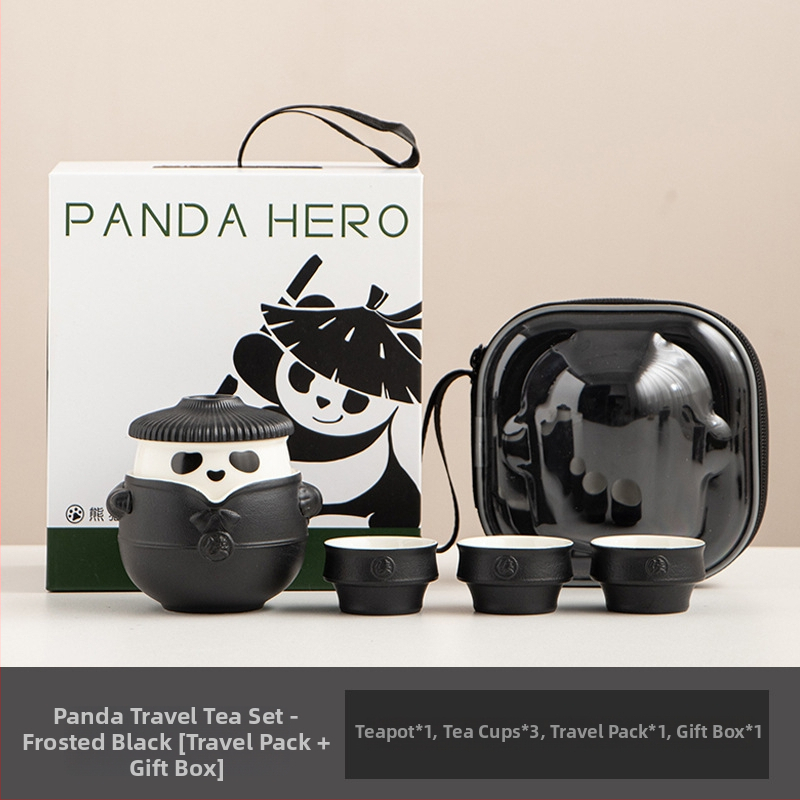 Set de ceai Panda Kung Fu din ceramică, portabil, stil chinezesc, anti-arzare, 1 ceainic și 3 cești, cutie cadou de călătorie